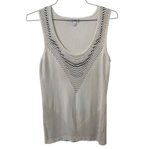 VTG Cache Tank Top Womens M Ivory Ribbed Knit Beaded V-Neck Sleeveless Cocktail